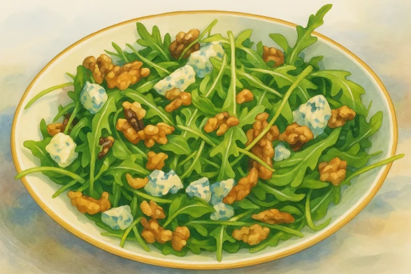 Тёплый салат с рукколой, грушей и голубым сыром