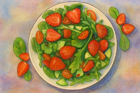 Салат с клубникой, козьим сыром и розовым перцем